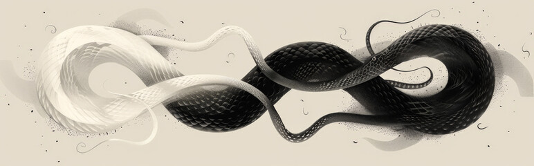 two intertwined snakes forming a yin and yang symbol, using minimalist black and white tones to conv