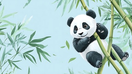 Cute panda bear climbing bamboo, flat illustration style, pastel blue background, vector art, simple, minimalism, cute, kawaii, digital painting,