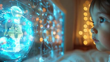 Poster - A young child intently observes a glowing, interactive display filled with data and visuals, surrounded by a cozy, softly lit environment.