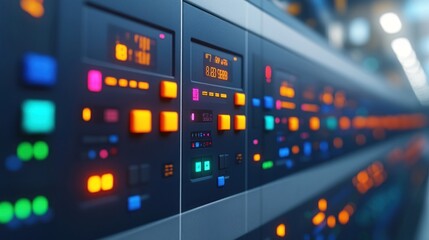 Wall Mural - Close-up of a control panel with glowing lights and buttons