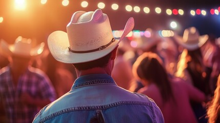 Poster - A cowboy in a hat enjoys a vibrant country dance with bright lights and lively participants enjoying the night.