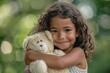 © ChaoticMind - A young girl with curly hair is depicted hugging a light-colored teddy bear outdoors, smiling and exuding happiness, encapsulating a tender childhood moment in nature.