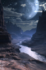 Wall Mural - Fantasy alien planet , Mountain, illustration, Space background ,Surface of unknown planet with craters and mountains