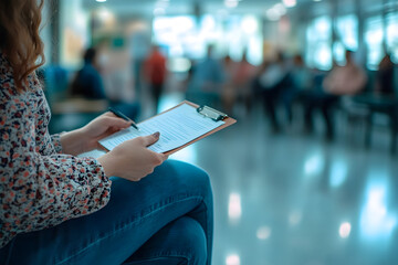 Wall Mural - Close-up of a person filling out a form with a blurred waiting room background. Hospital queue