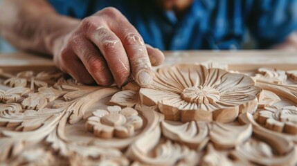 Closeup shot of a skilled artisan meticulously carving intricate wooden designs with exceptional craftsmanship and attention to detail in a carpentry workshop