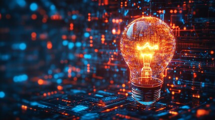 AI-driven innovation represented by a glowing light bulb and digital circuits