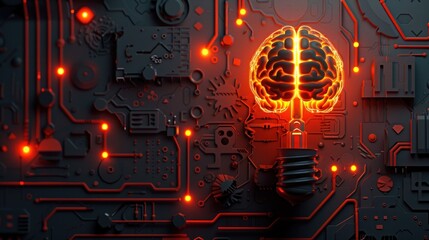 Wall Mural - Paper art light bulb with glowing brain, digital elements, technology, innovative thinking, dark tech-themed backdrop.