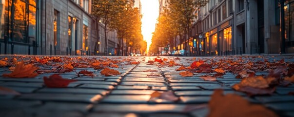 Canvas Print - Autumn leaves covering the ground in a city center street at sunset