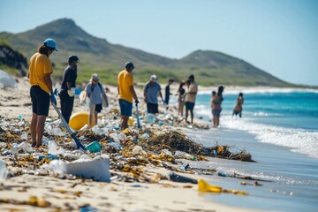 There are several other people on the beach, some of whom are also picking up trash