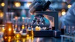 © I Am The Future - Scientist using microscope, analyzing sample, laboratory instruments, chemical reactants.