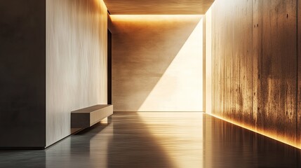 Poster - A modern minimalist hallway with a smooth, uninterrupted wall, a single light fixture, and a polished concrete floor, emphasizing clean lines and simplicity.