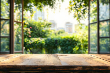 Wall Mural - Empty wooden table top with blurred green garden open door background for product display