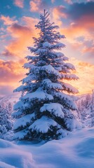 Poster - Beautiful snow covered pine tree in winter forest at sunset