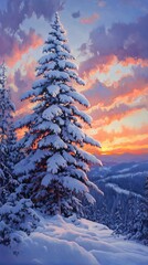 Canvas Print - Lonely snow covered pine tree is standing on mountain at winter sunset