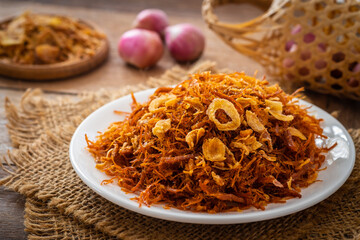 Fried shredded pork on white plate (Moo Foi), Thai food