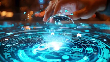 Poster - A hand interacts with a holographic interface, manipulating glowing elements in a high-tech control center with dim lighting.