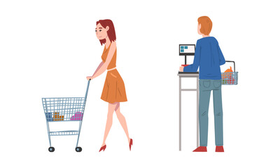 Canvas Print - People shopping in supermarket set cartoon vector illustration on white background