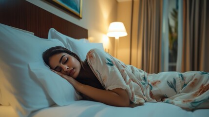 Sticker - A woman sleeping in a bed with white sheets and pillows, AI