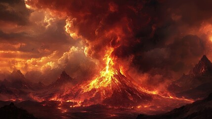 Wall Mural - A volcanic eruption in full force, with lava flows consuming everything in their path, and ash plumes rising high into the sky, blanketing the surroundings in darkness