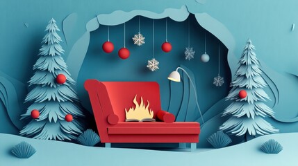 Wall Mural - A red chair in a room with christmas trees and fire, AI