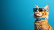 © watcharin - A stylish orange cat wearing blue sunglasses, looking confidently against a vibrant blue background. Perfect for pet lovers.