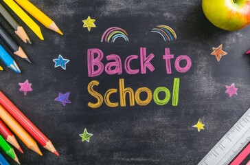 Colorful back to school blackboard with chalk writing, color pencil, apple, rainbow and ruler. 