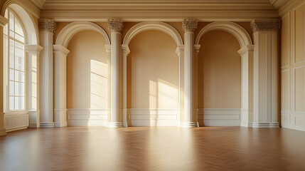 Wall Mural - A large, empty room with three pillars and a high ceiling. The room is empty and has no furniture or decorations