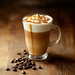 A delicious gourmet caramel macchiato topped with whipped cream.AI Generation.