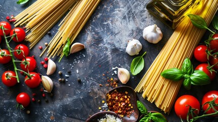 An array of classic Italian ingredients featuring raw spaghetti, vine tomatoes, fresh basil, whole garlic cloves, and olive oil bottles arranged on a dark textured surface.