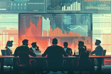 Leinwandbilder - A business meeting scene with a group of people discussing data and charts displayed on a large screen, highlighting teamwork and decision-making in a modern office.