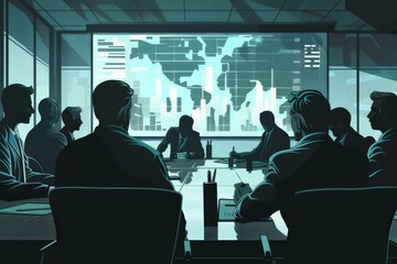 Poster - A silhouetted group of business professionals in a conference room, focused on a screen displaying world maps and charts, representing international business operations and strategy.