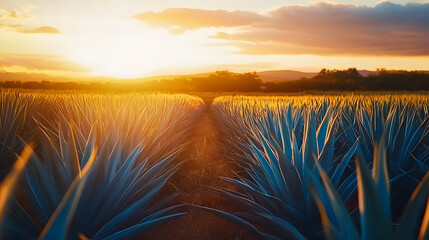 Sticker - a sunset casts a beautiful glow on a field of blue agave plant