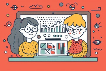 Poster - A cartoon-like illustration featuring two individuals studying data charts displayed on a laptop screen, symbolizing teamwork, analysis, and modern work environments.