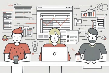 Poster - Three cartoon-styled characters collaboratively work on a project, using a central laptop surrounded by various graphs, charts, and documents on the wall behind them.