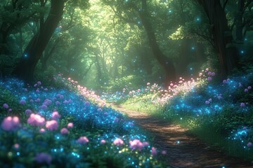 Wall Mural - enchanted emerald forest with fantastical flora animeinspired dreamscape filled with bioluminescent plants