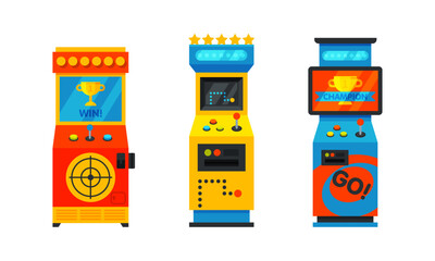 Canvas Print - Arcade game machines set, gaming computer machinery cartoon vector illustration