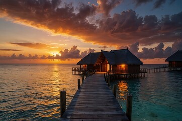 Amazing sunset panorama Maldives. Luxury resort villas pier path seascape soft led lights under colorful sky