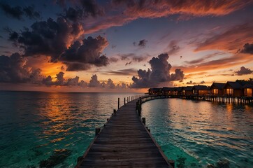 Amazing sunset panorama Maldives. Luxury resort villas pier path seascape soft led lights under colorful sky