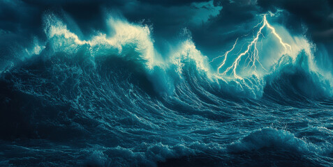 Canvas Print - A large wave with lightning in the background and a dark sky, AI