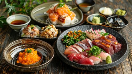 Wall Mural - Culinary Delights of Japan: Exquisite Sushi, Sashimi, Ramen, Tempura, Kaiseki Dining, Artistic Presentation, Seasonal Ingredients in Japanese Cuisine