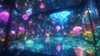 © cvetikmart - Serene and hypnotic cosmic aquarium featuring neon-colored aquatic plants and floating jellyfish, with a deep space background filled with stars and galaxies. Glow