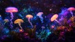 © cvetikmart - Otherworldly cosmic aquarium with glowing aquatic plants and jellyfish, illuminated by neon colors against a backdrop of galaxies and stars. Glow