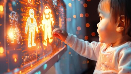 Poster - A young child explores an interactive display, captivated by glowing images and lights in a softly illuminated room during the evening.