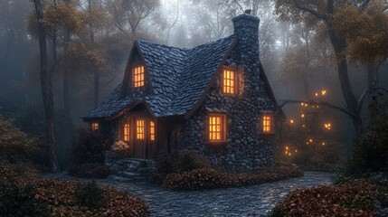 Wall Mural - A small cottage in the woods lit up by many candles, AI