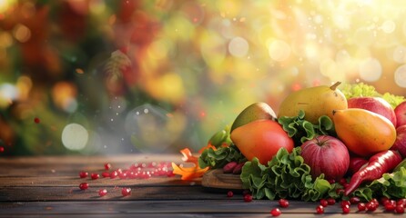 Fresh fruits and vegetables with lettuce on a wooden table with blurred bokeh background.