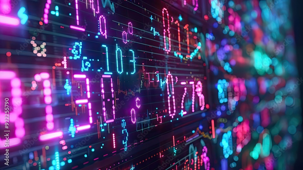 Vibrant digital display of stock market numbers and graphs, showcasing ...