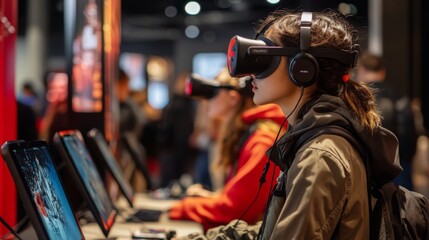 Aufkleber - A group of young adults immerses themselves in virtual reality gaming, wearing headsets and focused on screens in a lively entertainment venue.
