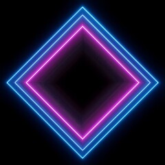 Parallelogram rectangle picture frame with two tone neon color shade motion graphic on isolated black background. Blue and pink light for overlay element. 3D illustration rendering wallpaper backdrop