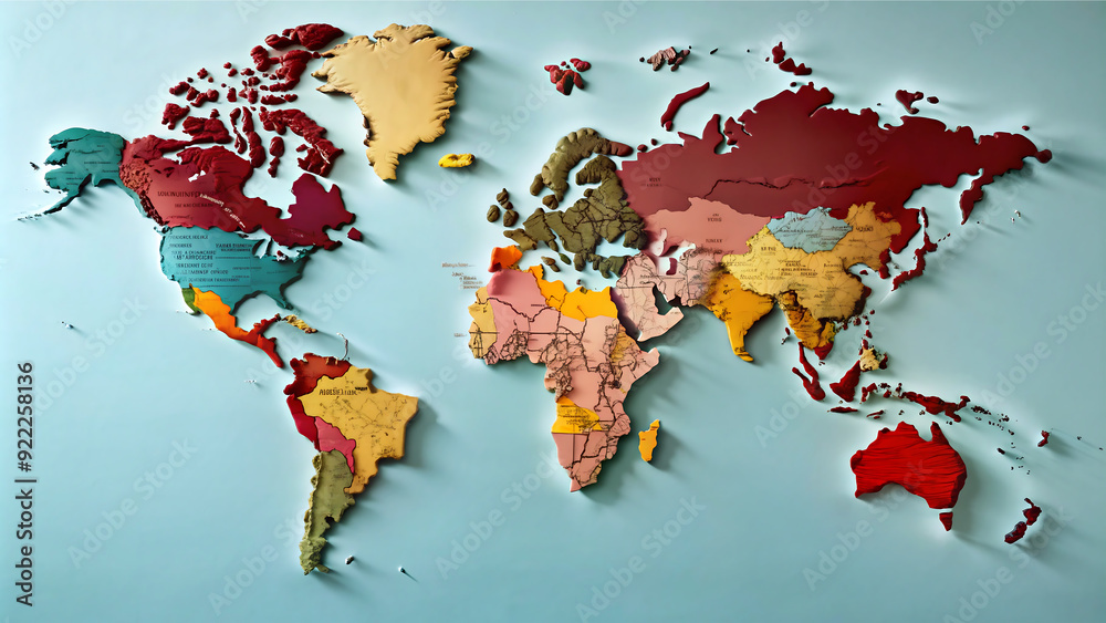 Colorful Political World Map with 3D Relief Stock Photo | Adobe Stock