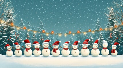 Canvas Print - A group of snowmen are standing in a row with santa hats, AI